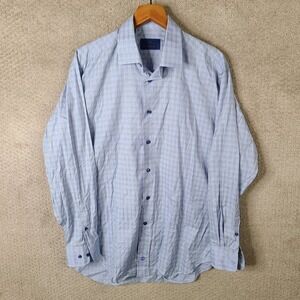 David Donahue Shirt Mens 16.5 34/35 Blue Plaid Button Down Cotton Long Sleeve
